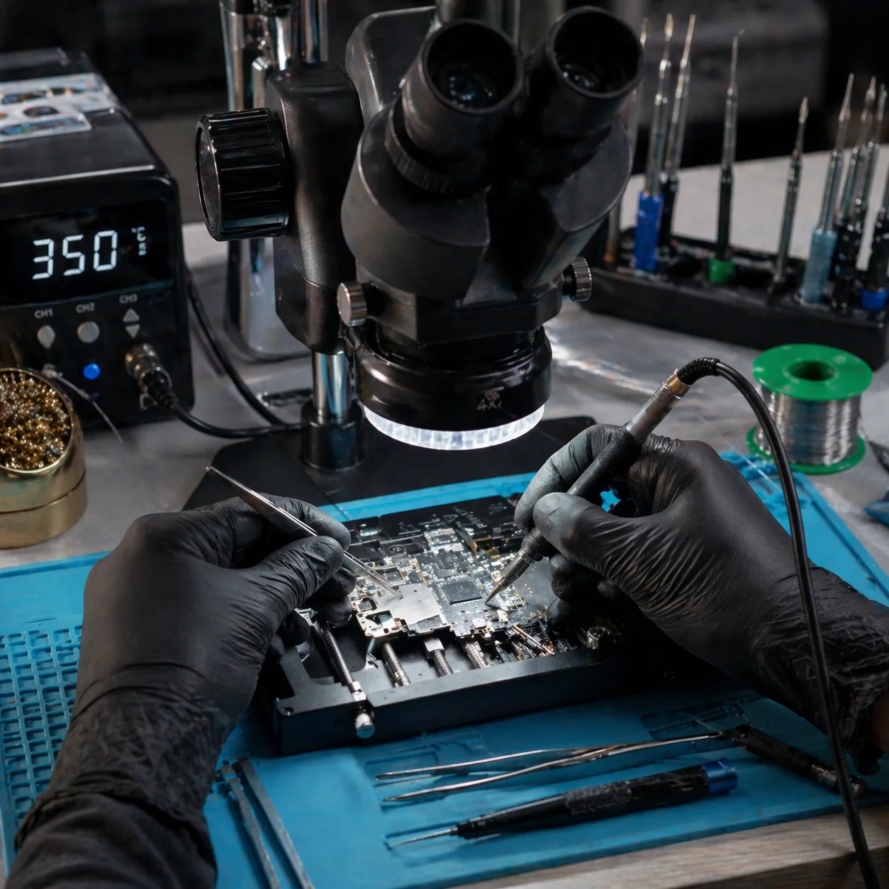 Técnico realizando microsoldadura en placa base con microscopio